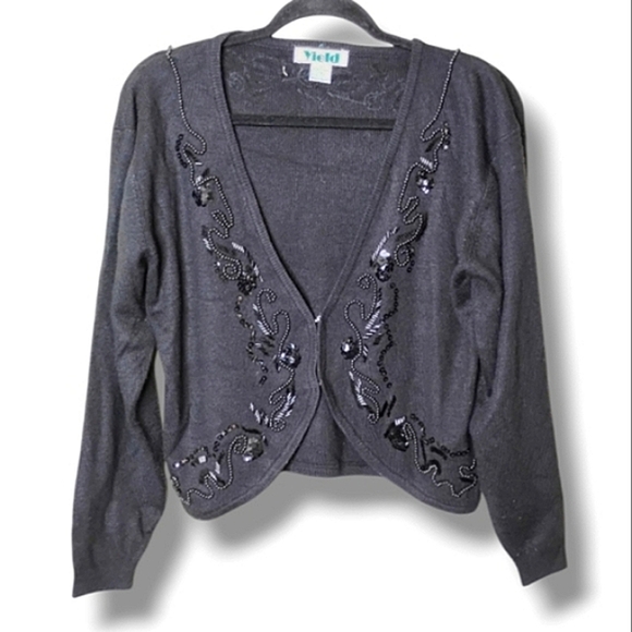 Yield Sweaters - Vintage 90s Yield Black Beaded Cardigan Sweater Size M Elegant Retro Knit